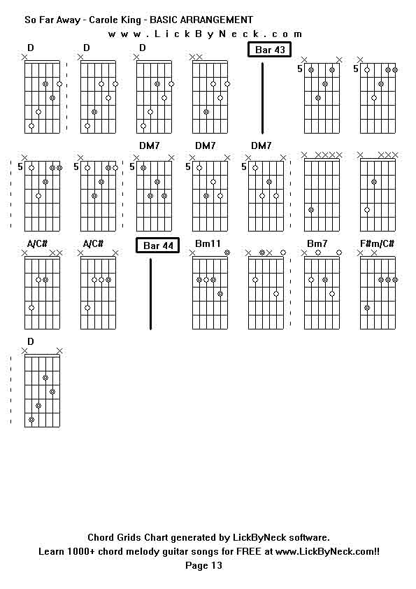 Chord Grids Chart of chord melody fingerstyle guitar song-So Far Away - Carole King - BASIC ARRANGEMENT,generated by LickByNeck software.